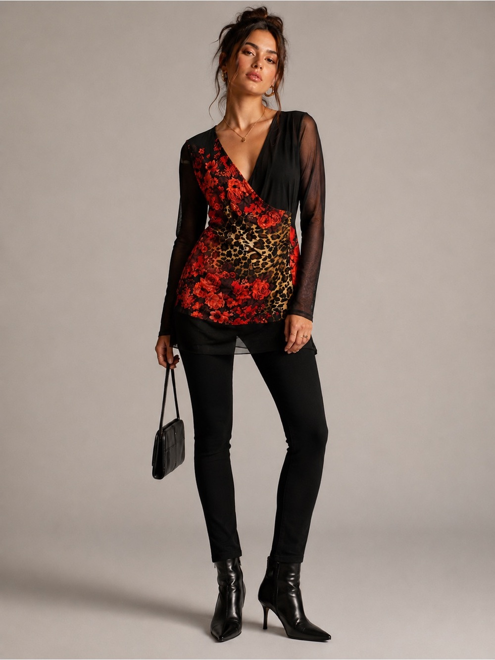 Joseph Ribkoff Floral Leopard Mesh Tunic Top Size 10 Red Rose